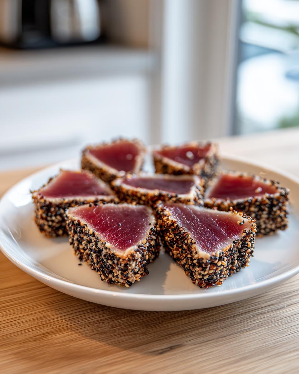 Close-up of seven triangular slices of sesame-crusted tuna tataki on a white plate.