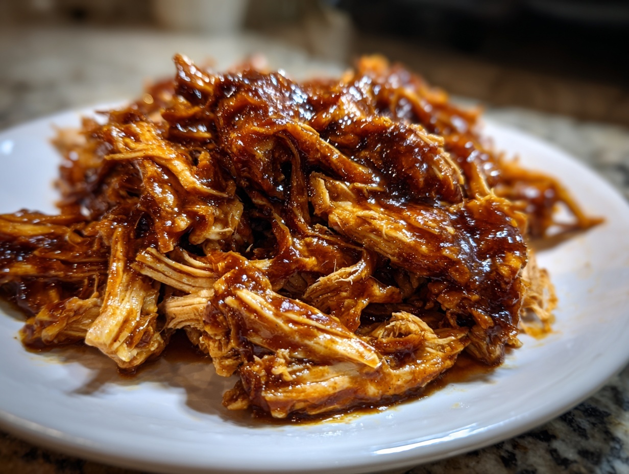 Close-up of tender, shredded crockpot teriyaki chicken heavily coated in a thick, glossy teriyaki sauce on a white plate.