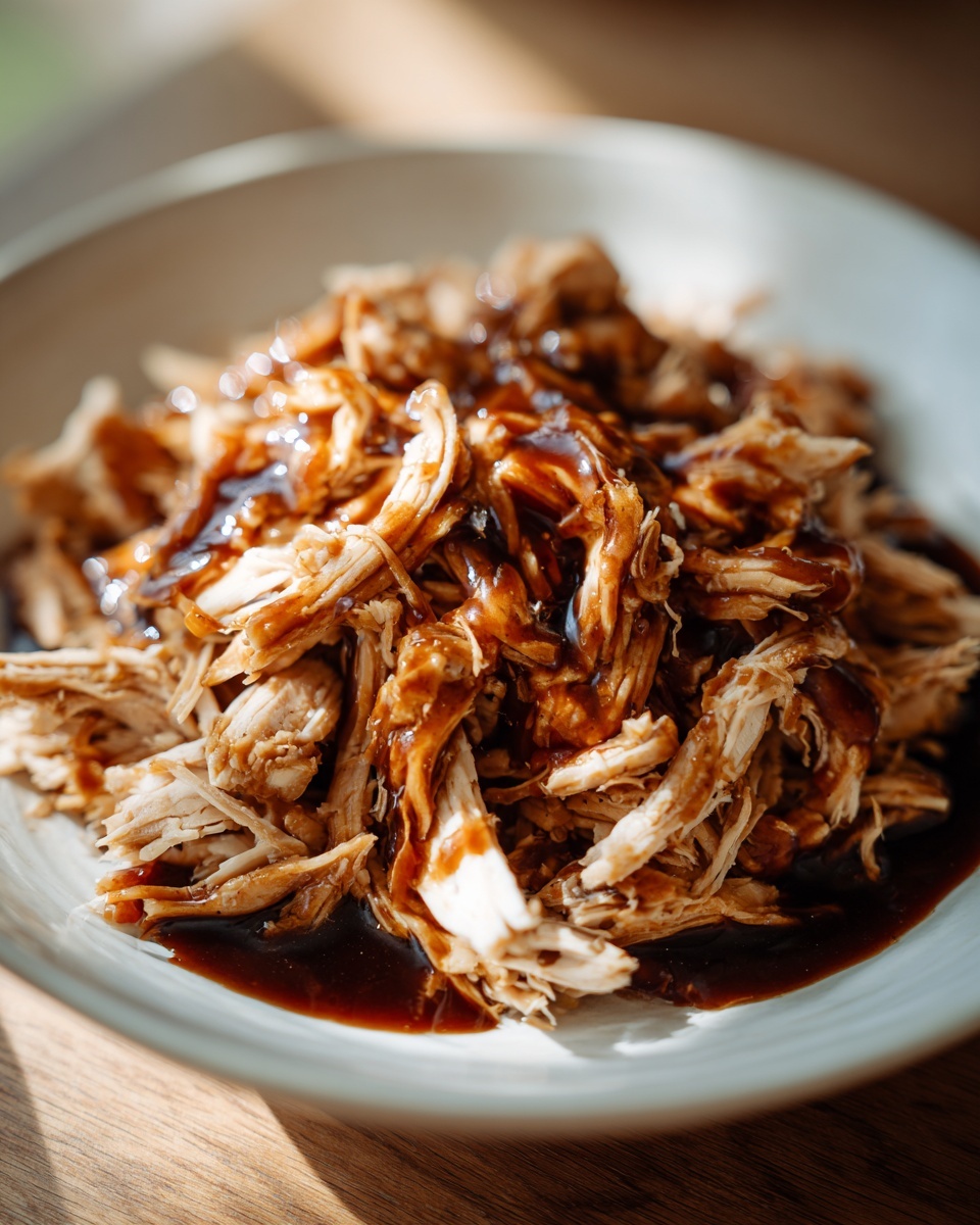 Close-up of shredded crockpot teriyaki chicken generously coated in thick, glossy teriyaki sauce.