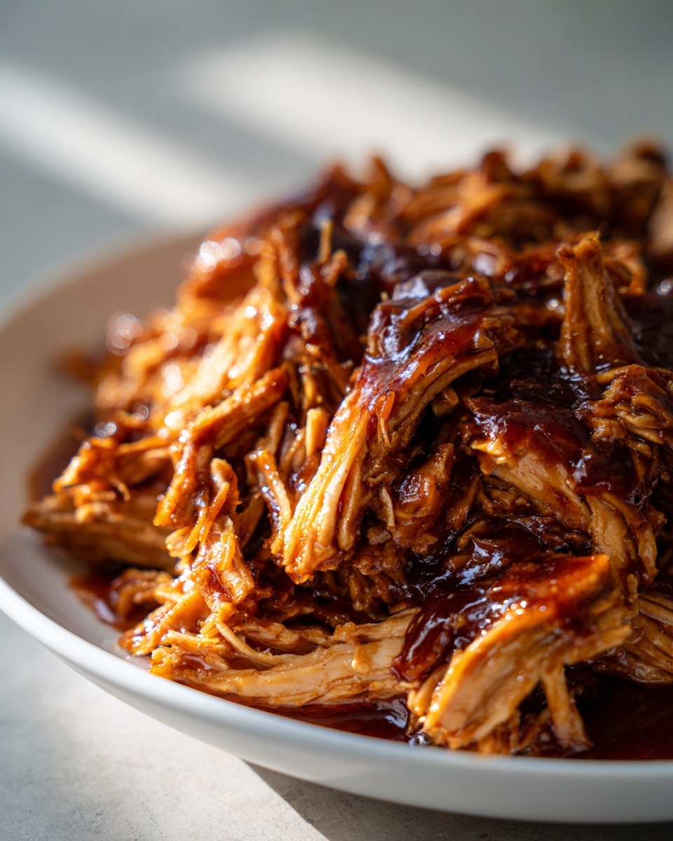 Close-up of tender, shredded crockpot teriyaki chicken coated in glossy sauce on a white plate.