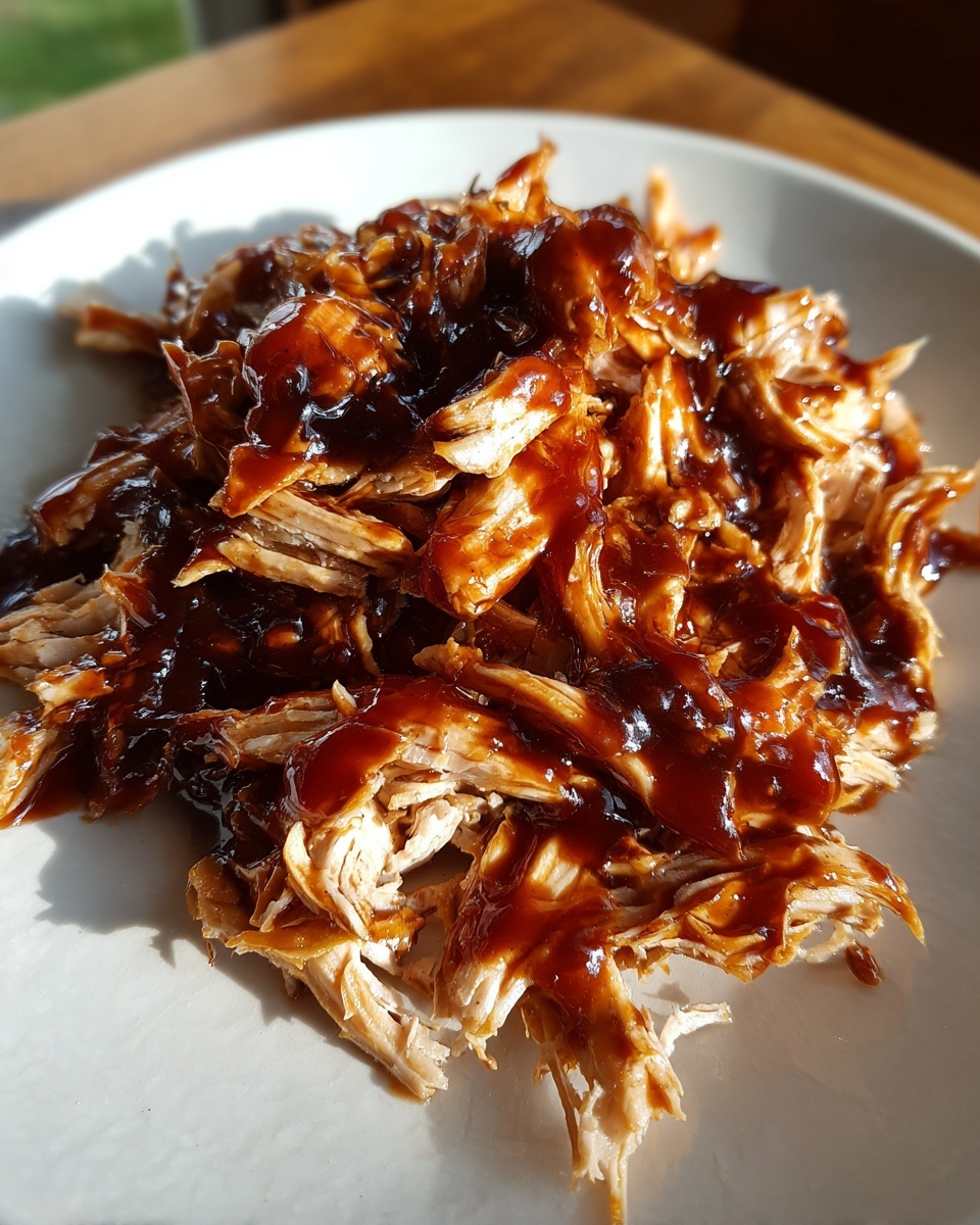 Close-up of shredded chicken smothered in thick, glossy teriyaki sauce, perfect for crockpot teriyaki chicken.