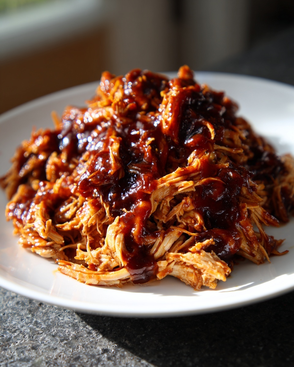 Close-up of shredded chicken coated in rich teriyaki sauce, ready to serve from a white plate.