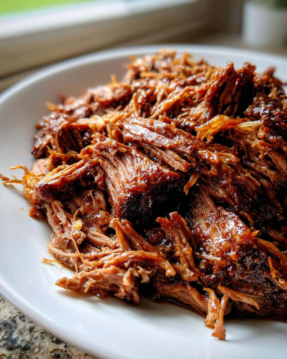 Close-up of perfectly shredded, juicy Mississippi pot roast piled high on a white serving plate.