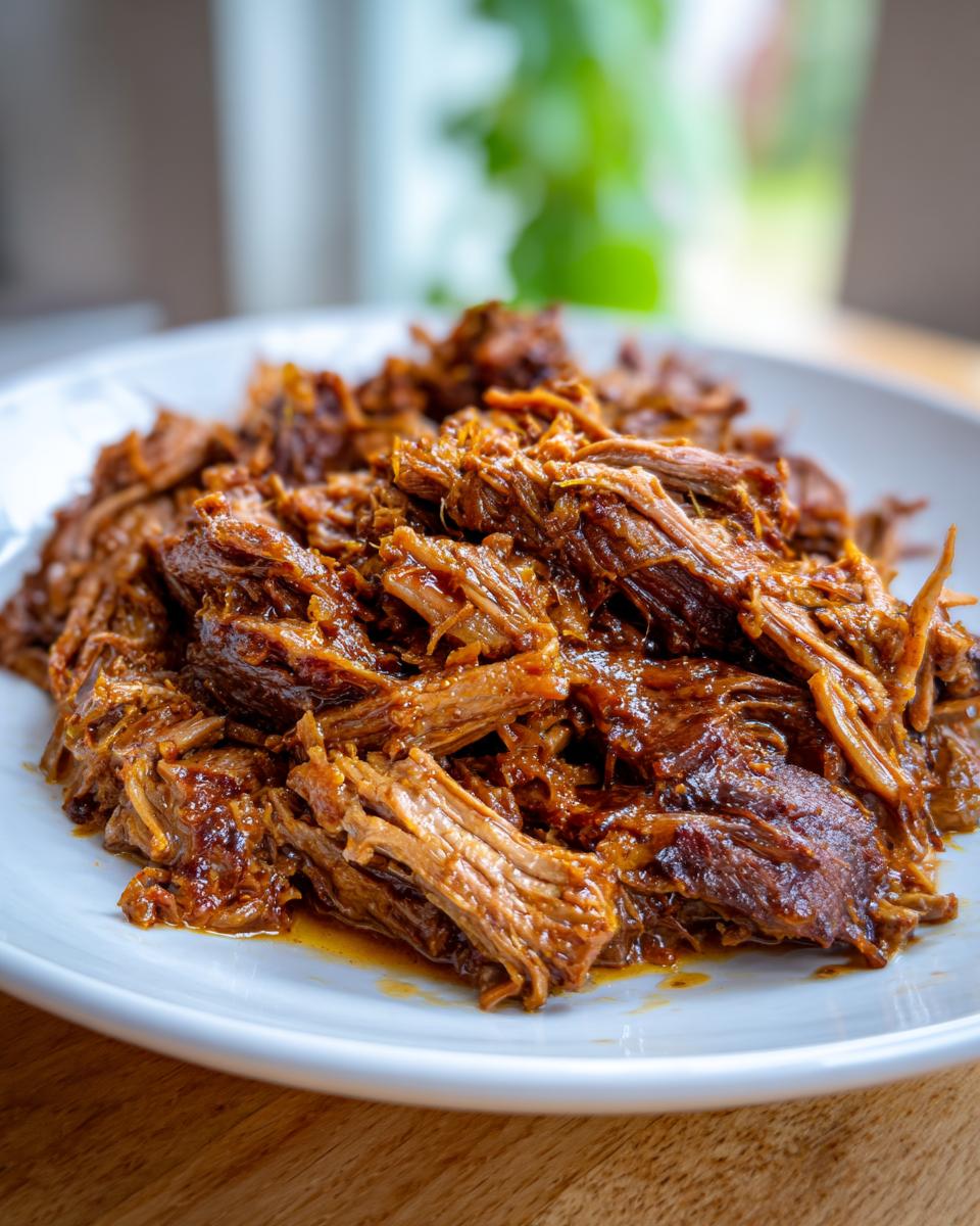 Close-up of tender, shredded mississippi pot roast piled high on a white plate.