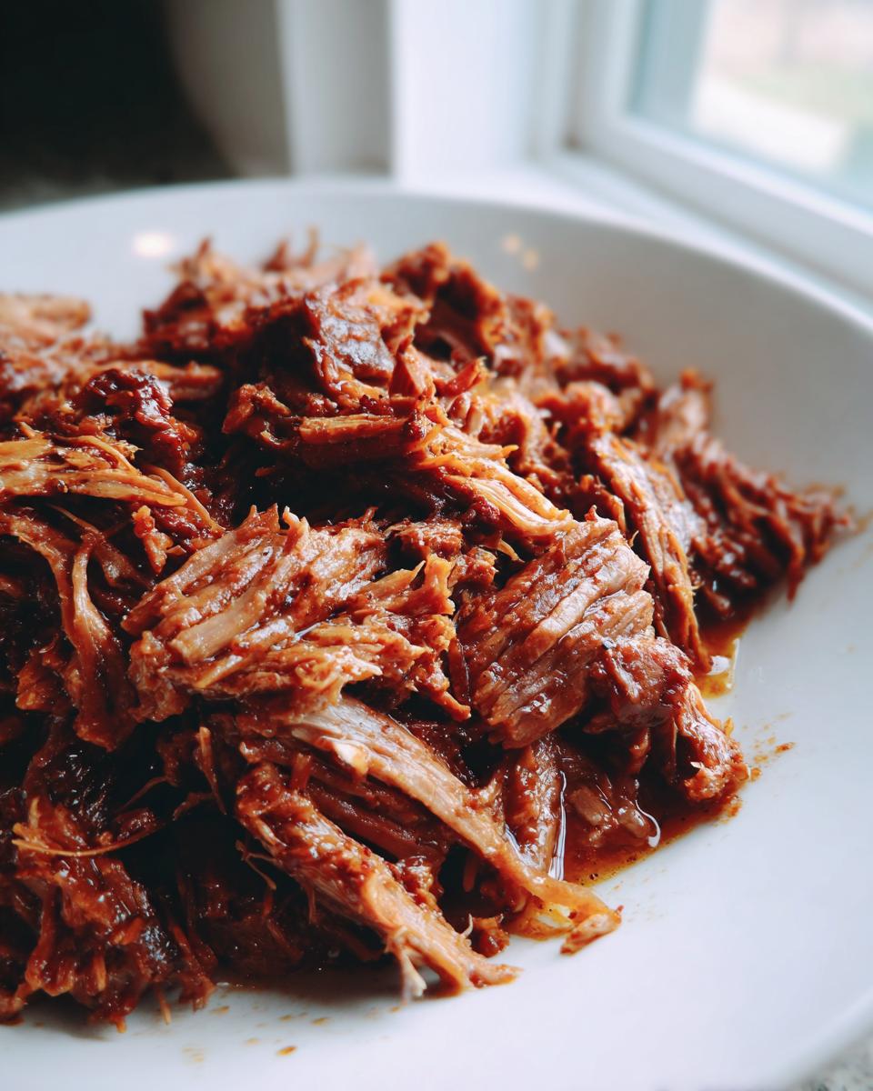 Close-up of tender, shredded mississippi pot roast coated in rich brown sauce, served on a white plate.