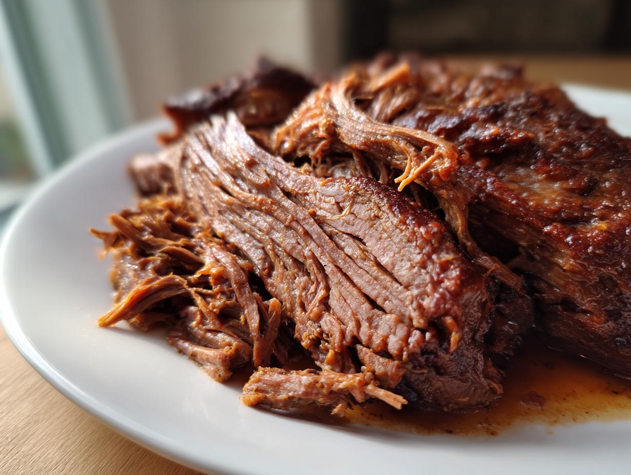 Close-up of tender, shredded Mississippi pot roast served on a white plate with rich juices.