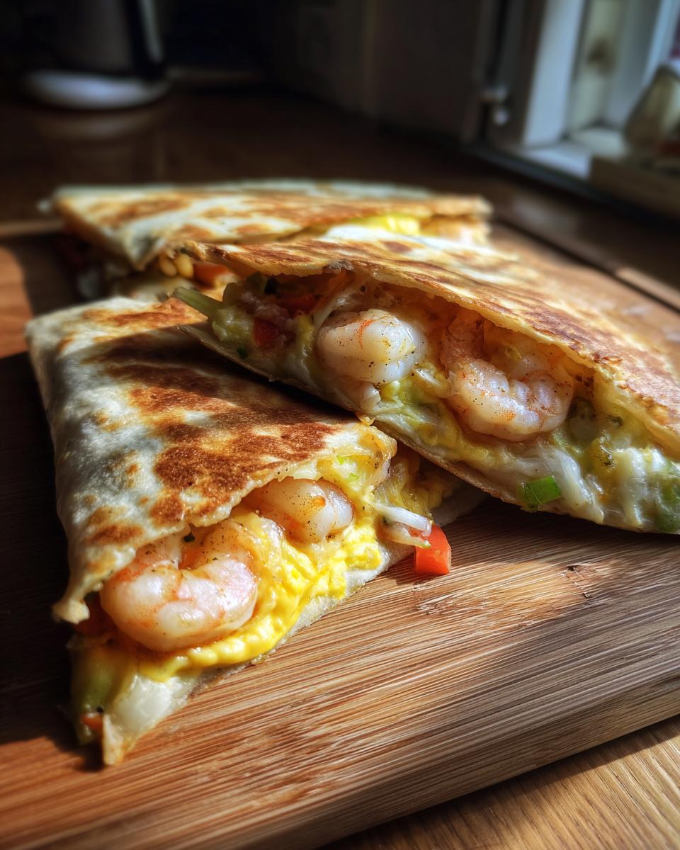 Close-up of a golden-brown shrimp quesadilla slice filled with plump shrimp, melted cheese, and vegetables.
