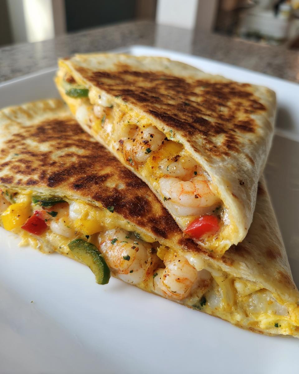 Two halves of a golden-brown shrimp quesadilla filled with plump shrimp, melted cheese, and colorful peppers.