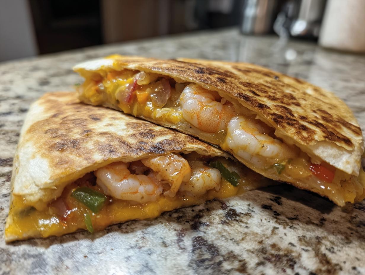 A grilled shrimp quesadilla cut in half, showing melted cheese and plump shrimp inside.