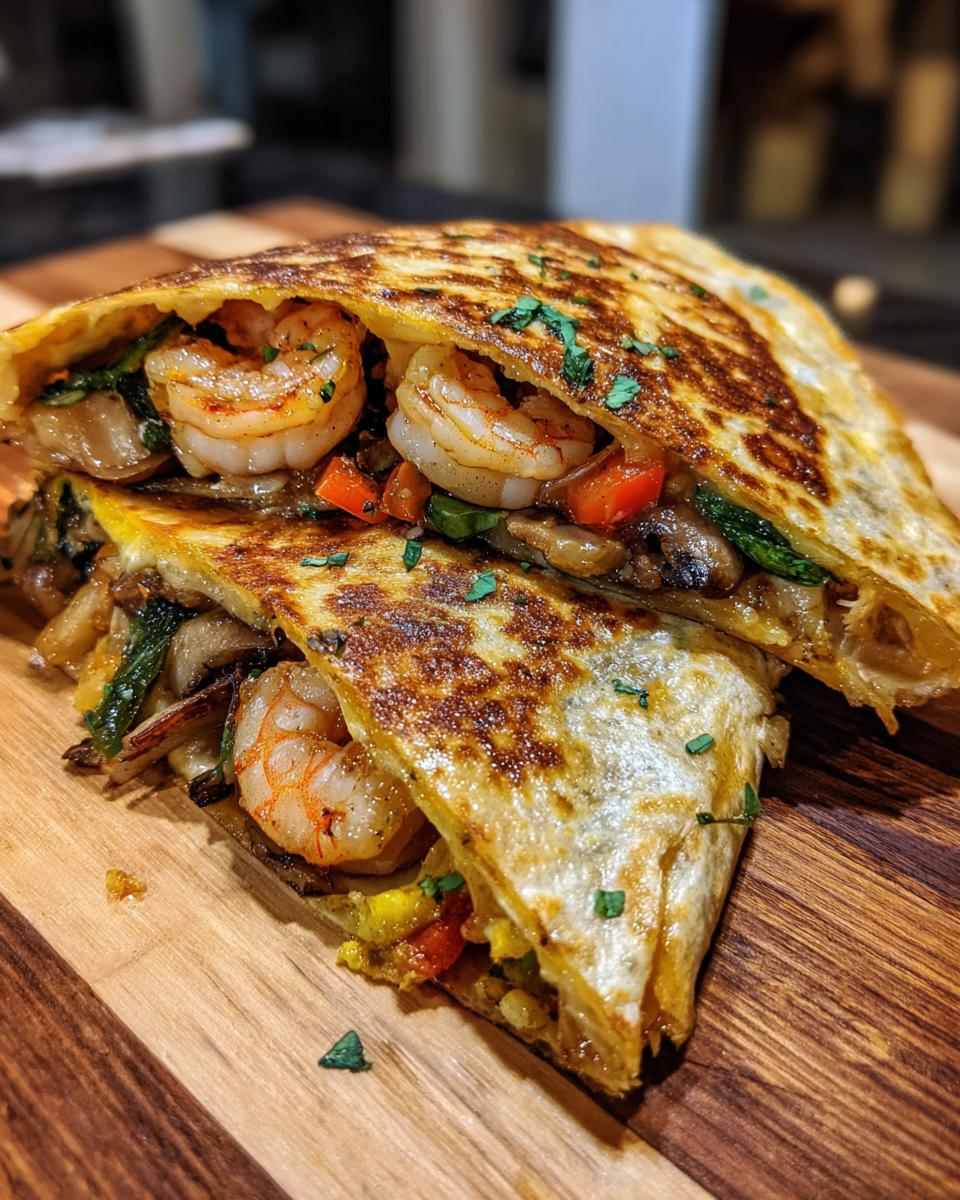 Two halves of a golden-brown shrimp quesadilla filled with shrimp, mushrooms, and peppers, resting on a wooden board.