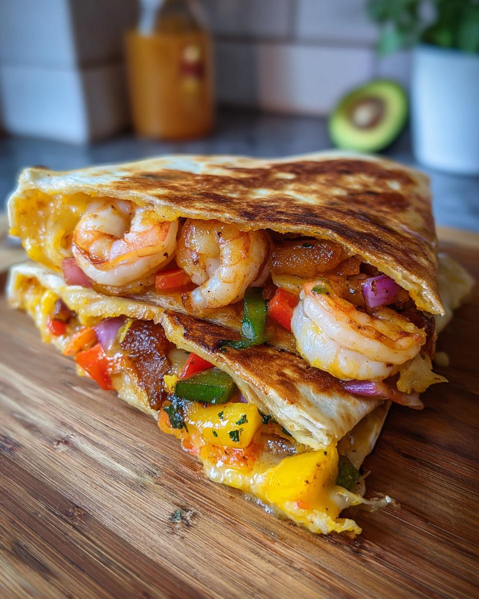 Two halves of a golden-brown shrimp quesadilla stacked, showing melted cheese, plump shrimp, and colorful peppers.