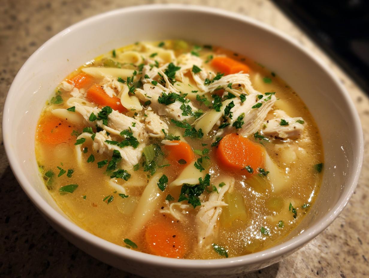 Close-up of a white bowl filled with steaming Sicilian chicken soup, featuring shredded chicken, carrots, and noodles.