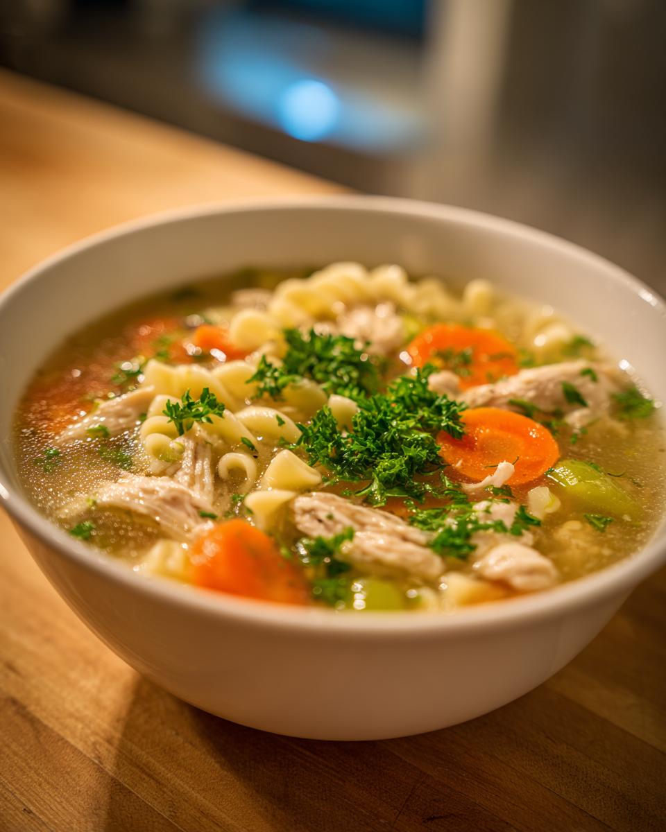Close-up of a bowl of Sicilian chicken soup featuring shredded chicken, rotini pasta, sliced carrots, and fresh parsley.