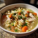 Close-up of a white bowl filled with Sicilian chicken soup, featuring shredded chicken, carrots, pasta, and parsley.