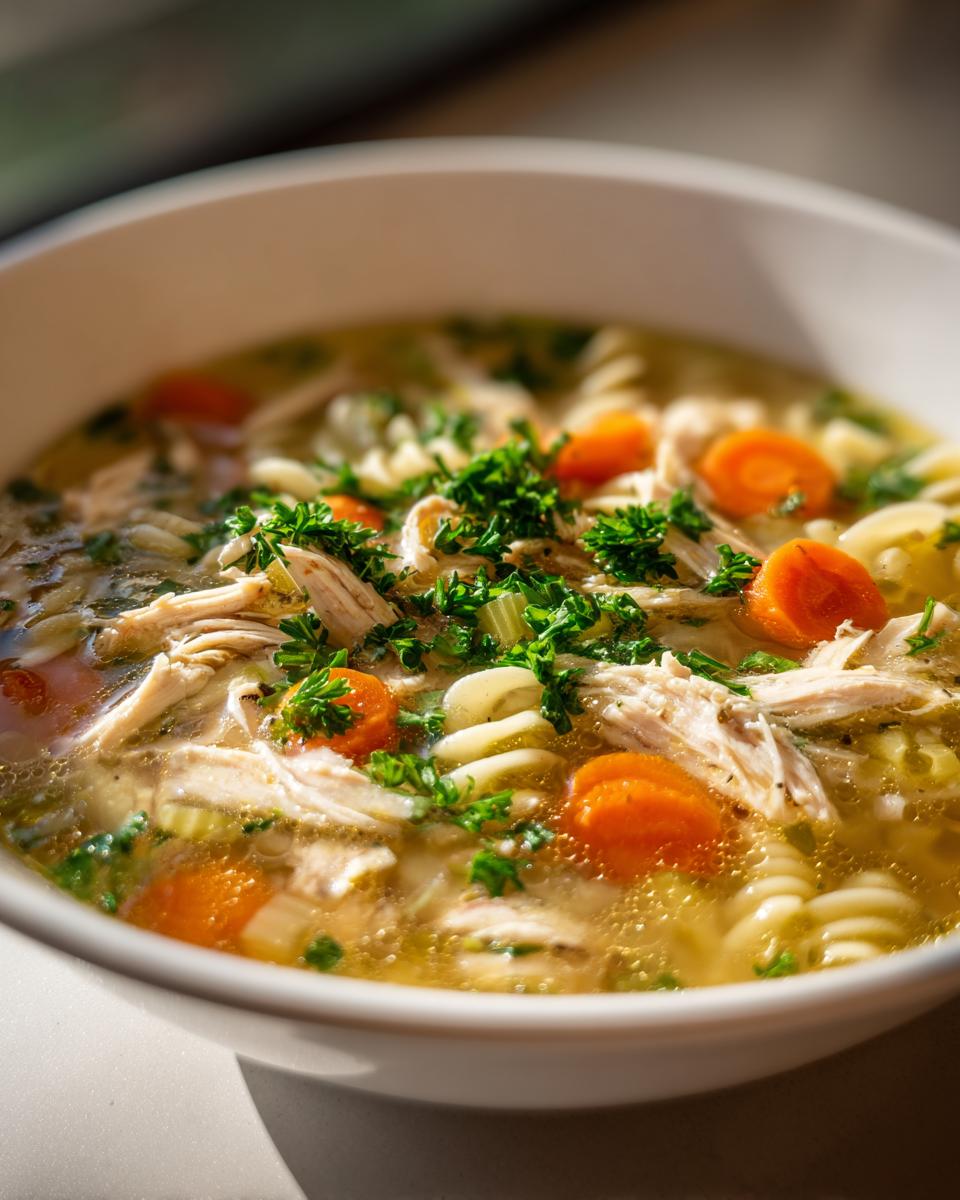 Close-up of a bowl of Sicilian chicken soup featuring shredded chicken, pasta, carrots, and fresh parsley garnish.