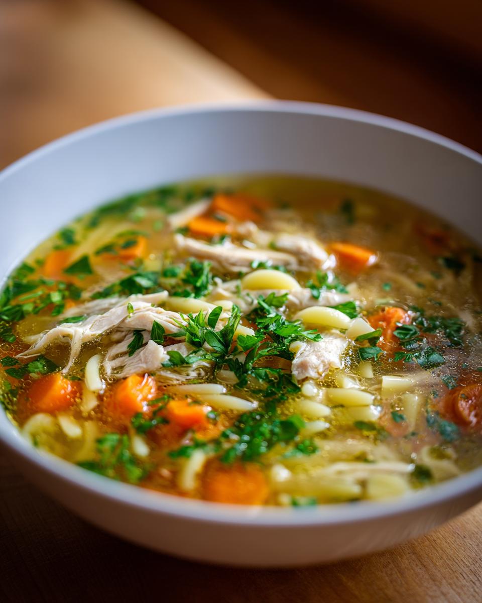 Close-up of a white bowl filled with steaming Sicilian chicken soup, featuring shredded chicken, carrots, pasta, and fresh parsley.