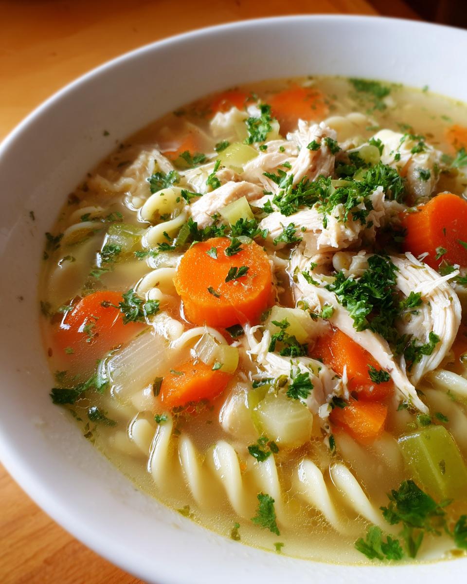 Close-up of a bowl of Sicilian chicken soup featuring shredded chicken, carrots, celery, and egg noodles in broth.