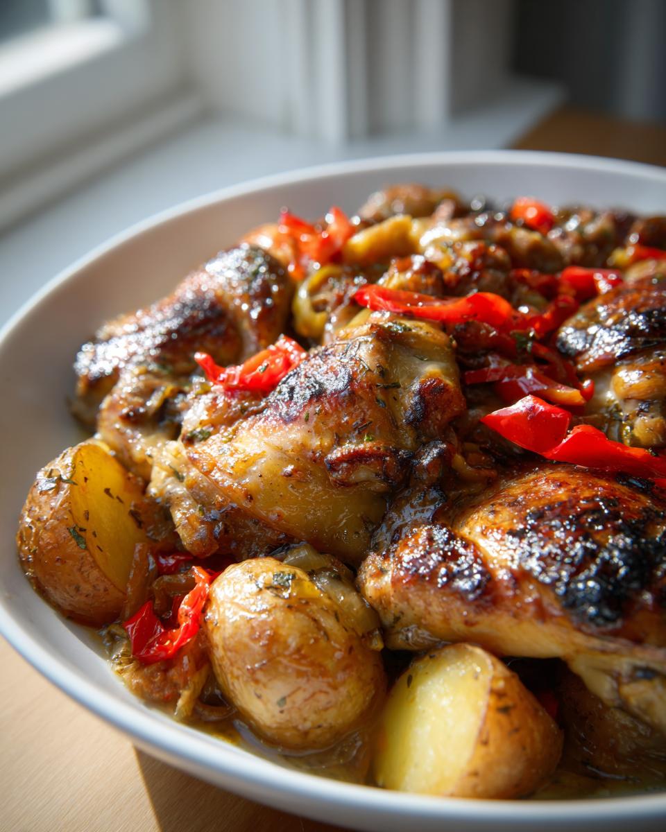 Close-up of juicy chicken scarpariello pieces served with roasted potatoes and bright red peppers in a white bowl.