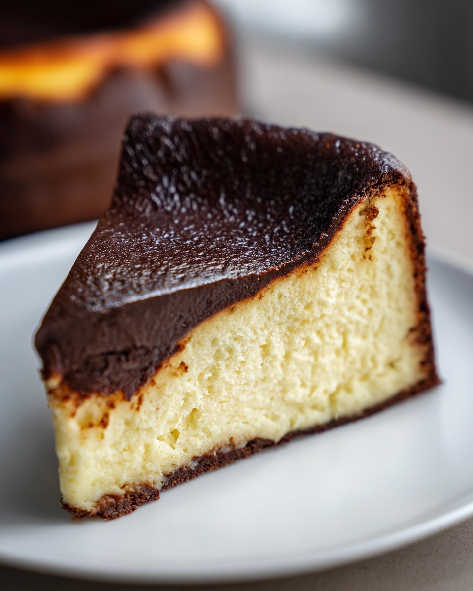 Close-up of a creamy slice of Basque cheesecake showing the signature dark, caramelized top.