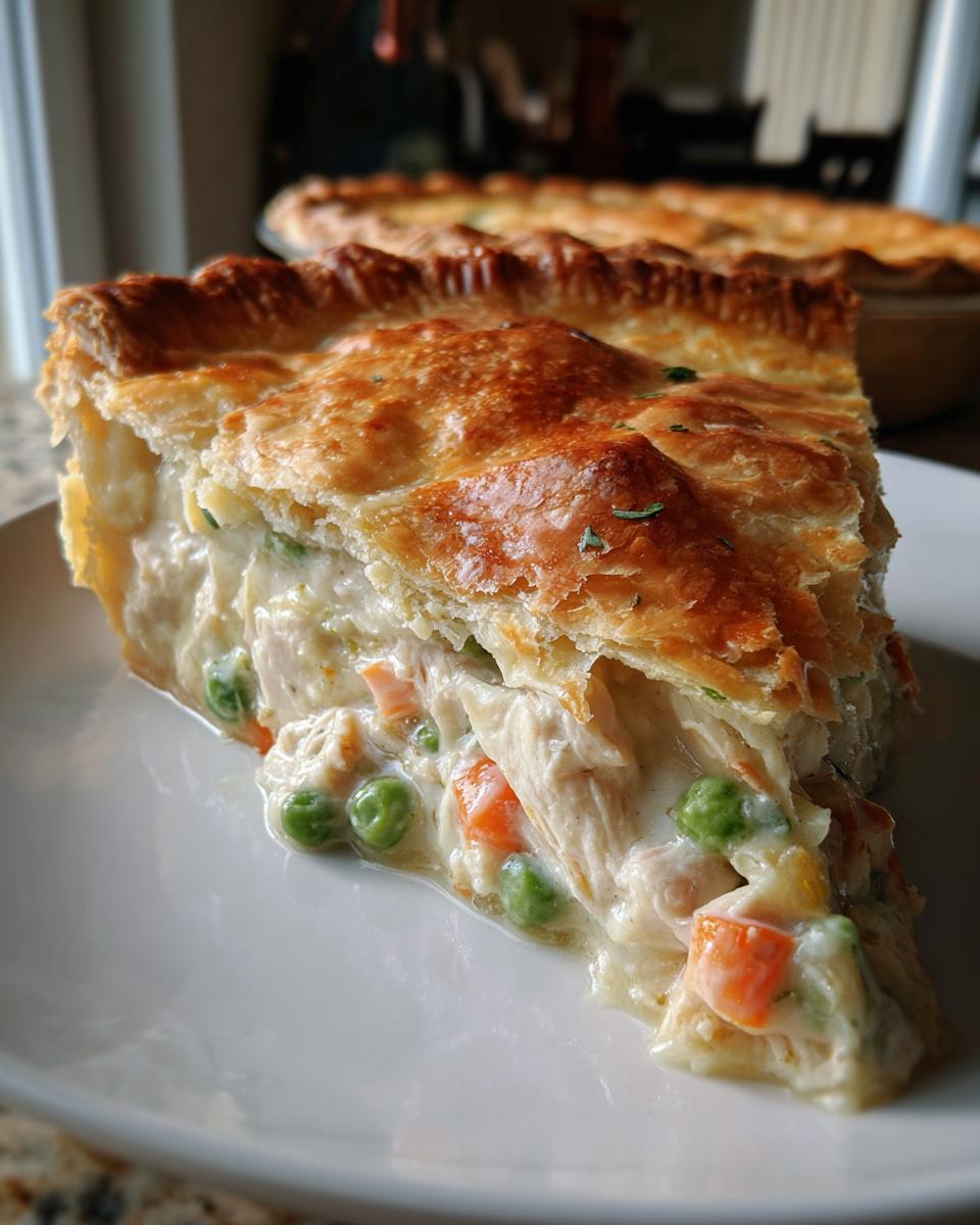 Close-up of a slice of chicken pot pie recipe showing flaky crust and creamy filling with chicken, peas, and carrots.