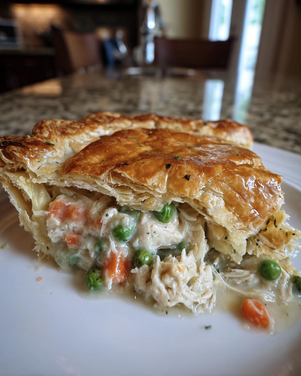 Close-up of a slice of chicken pot pie recipe showing flaky golden crust and creamy filling with shredded chicken, peas, and carrots.