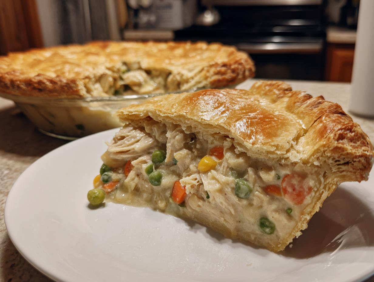 A thick slice of chicken pot pie recipe showing flaky crust and creamy filling with chicken, peas, and carrots.