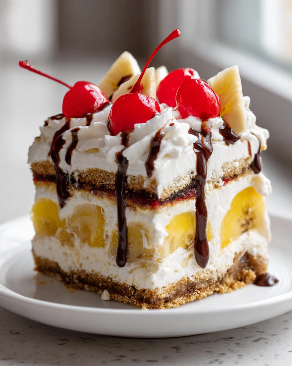 A decadent slice of banana split cake featuring layers of cream, bananas, graham cracker crust, and topped with whipped cream, chocolate syrup, and maraschino cherries.