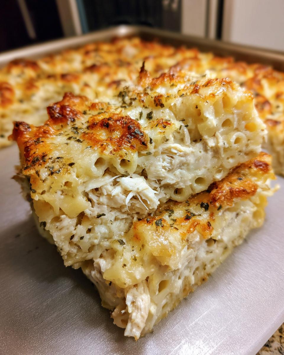 A close-up of a thick slice of creamy chicken pasta bake showing shredded chicken and a golden, cheesy top.