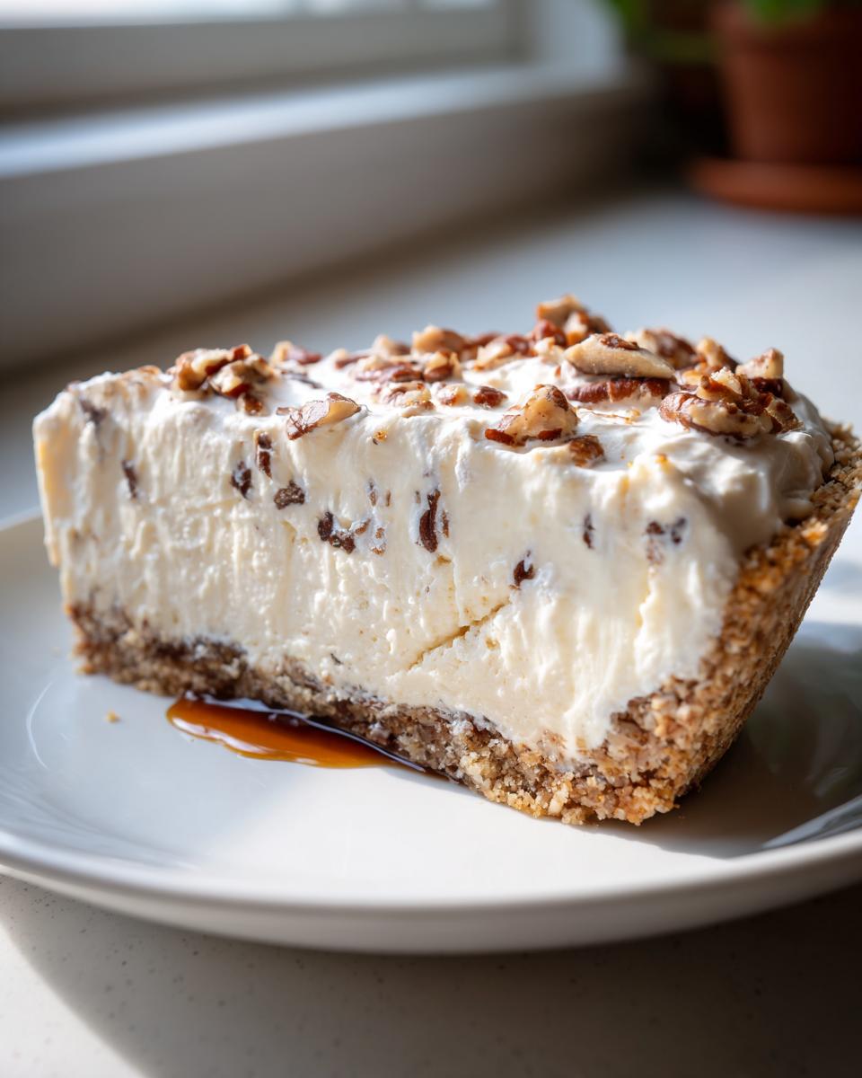 A thick slice of no-bake pecan cream pie with a graham cracker crust and whipped topping, drizzled with caramel.