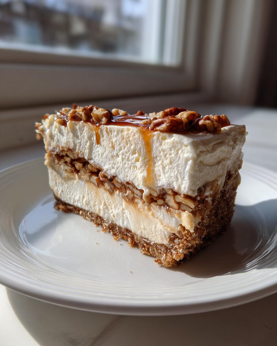 A thick slice of no-bake pecan cream pie with layers of cream, pecans, and caramel drizzle on a white plate.