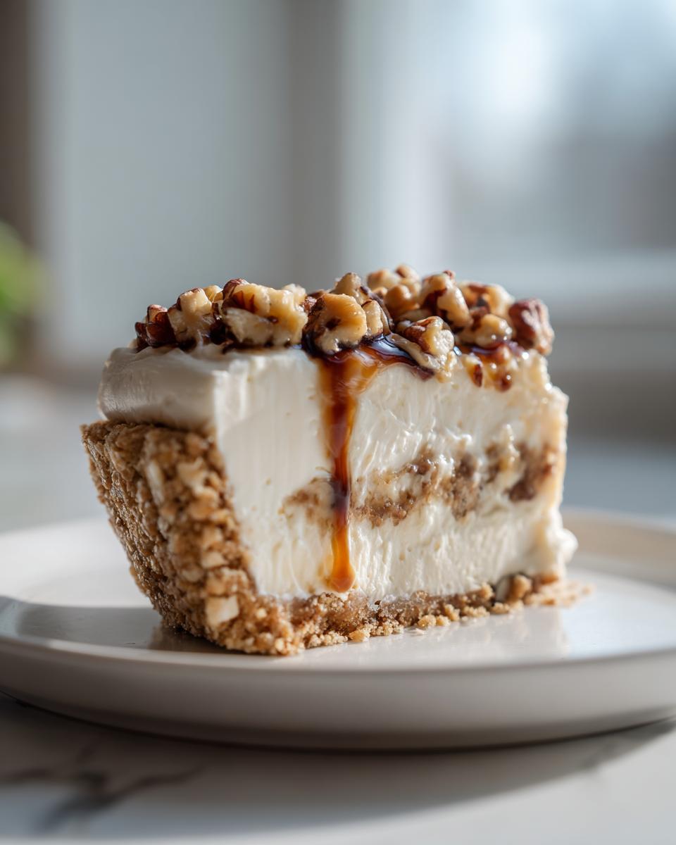A close-up slice of rich pecan cream pie with a thick, creamy filling, nutty crust, and caramel drizzling over pecans.
