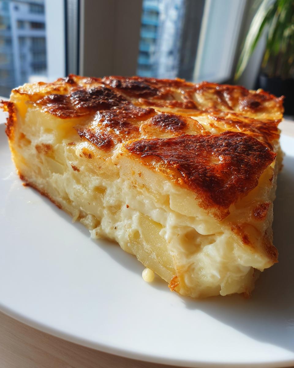 A thick slice of creamy potatoes au gratin with a beautifully browned, cheesy top, served on a white plate.