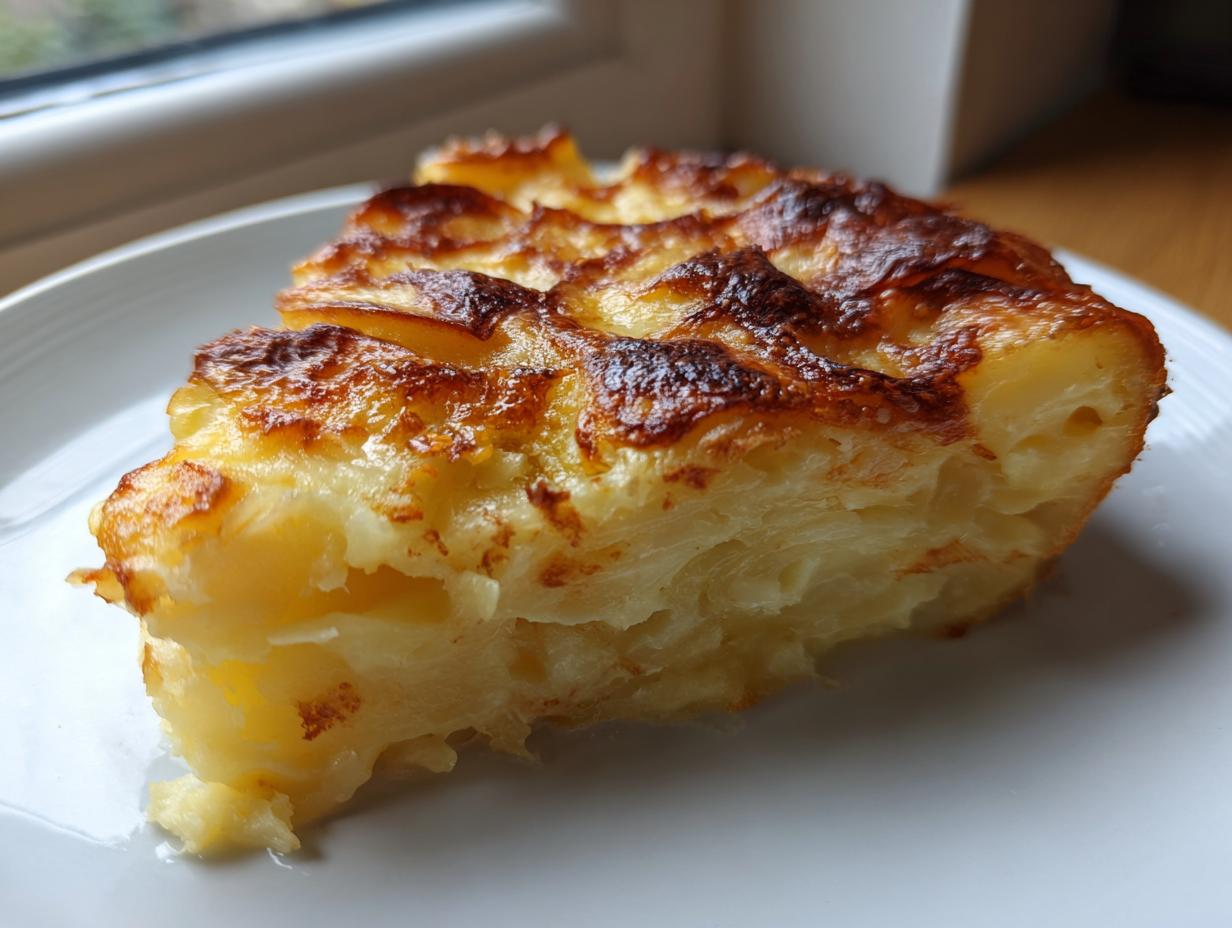 A thick slice of creamy potatoes au gratin showing layered potatoes and a deeply browned, cheesy top.