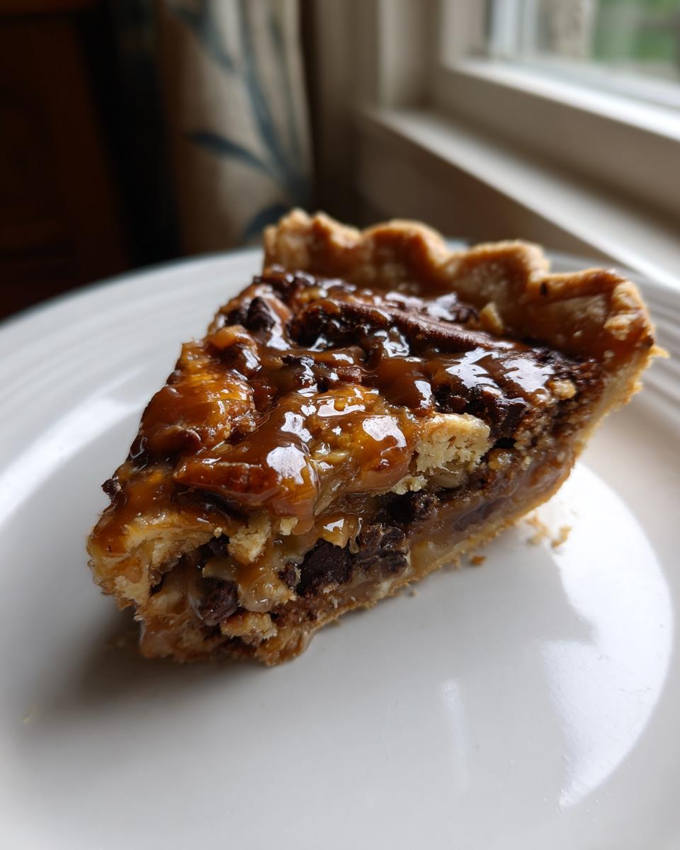 A close-up slice of rich texas trash pie featuring a gooey caramel topping, chocolate chips, and pecans on a white plate.
