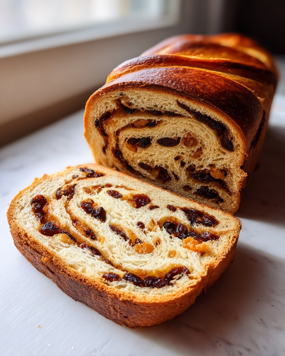 A loaf of freshly baked raisin bread, sliced to show the rich, dark raisin swirl filling inside the soft dough.