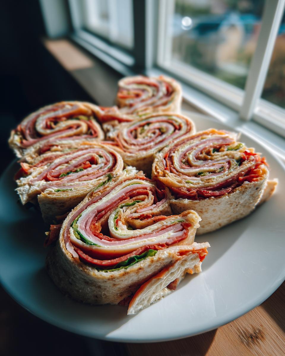 Five thick slices of layered Italian pinwheels featuring deli meats, cheese, and lettuce, arranged on a white plate near a window.