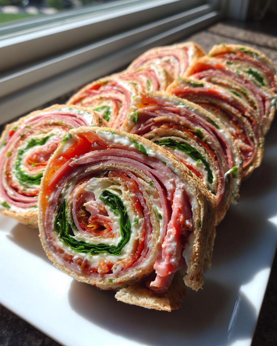 A row of freshly sliced Italian pinwheels showing layers of deli meat, cheese spread, and green lettuce.