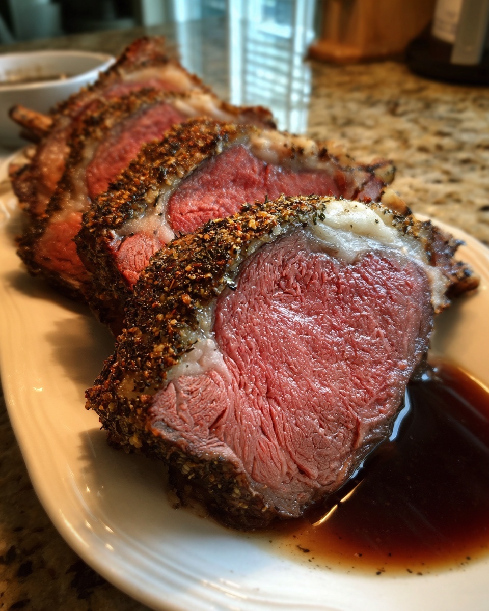 Close-up of perfectly medium-rare sliced rib roast with a dark, seasoned crust, resting in au jus.