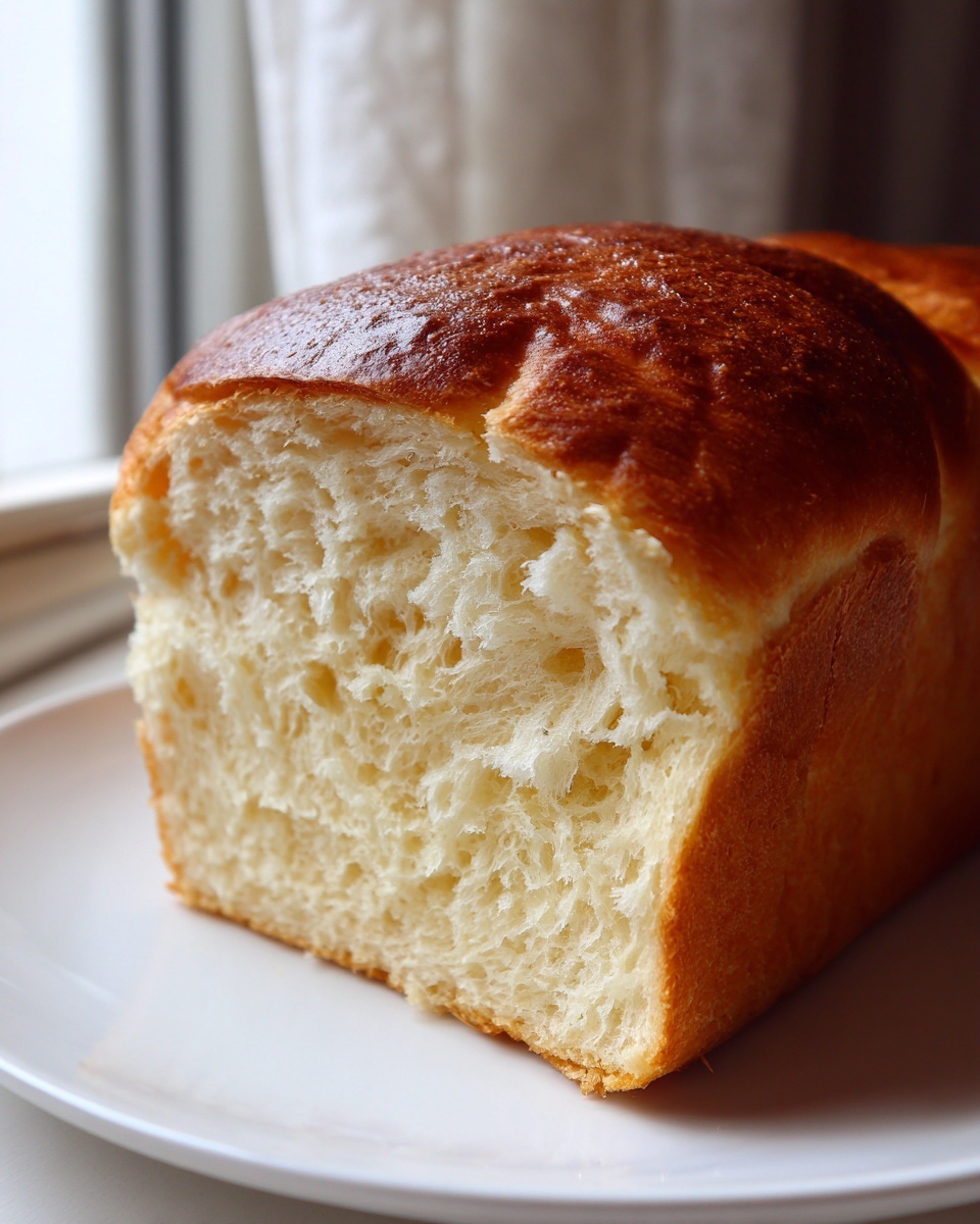 A close-up view of a freshly baked loaf of soft condensed milk bread, showing the fluffy interior and golden-brown crust.