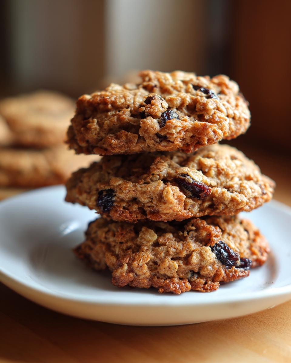 A stack of three thick, chewy oatmeal raisin cookies resting on a small white plate.