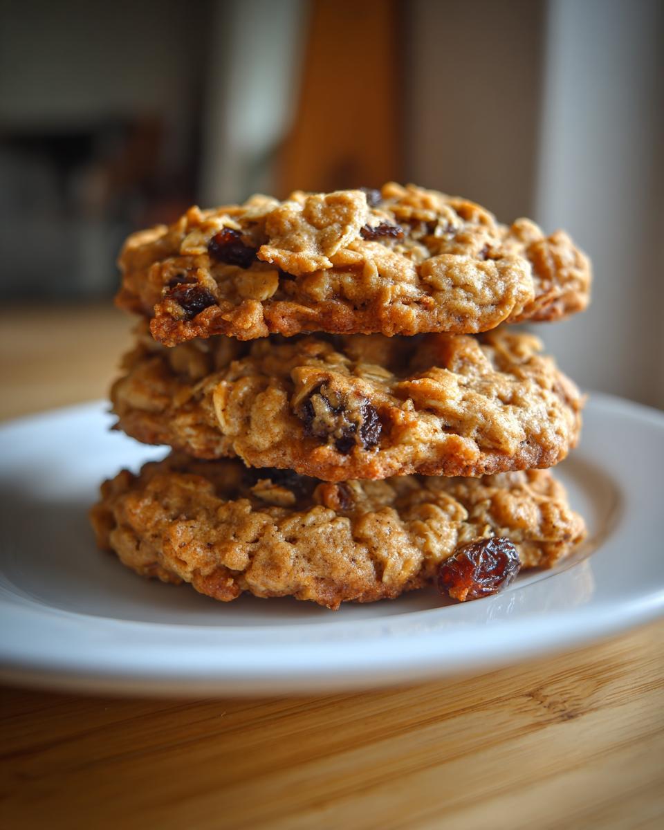 A stack of three soft oatmeal raisin cookies resting on a white plate on a wooden surface.