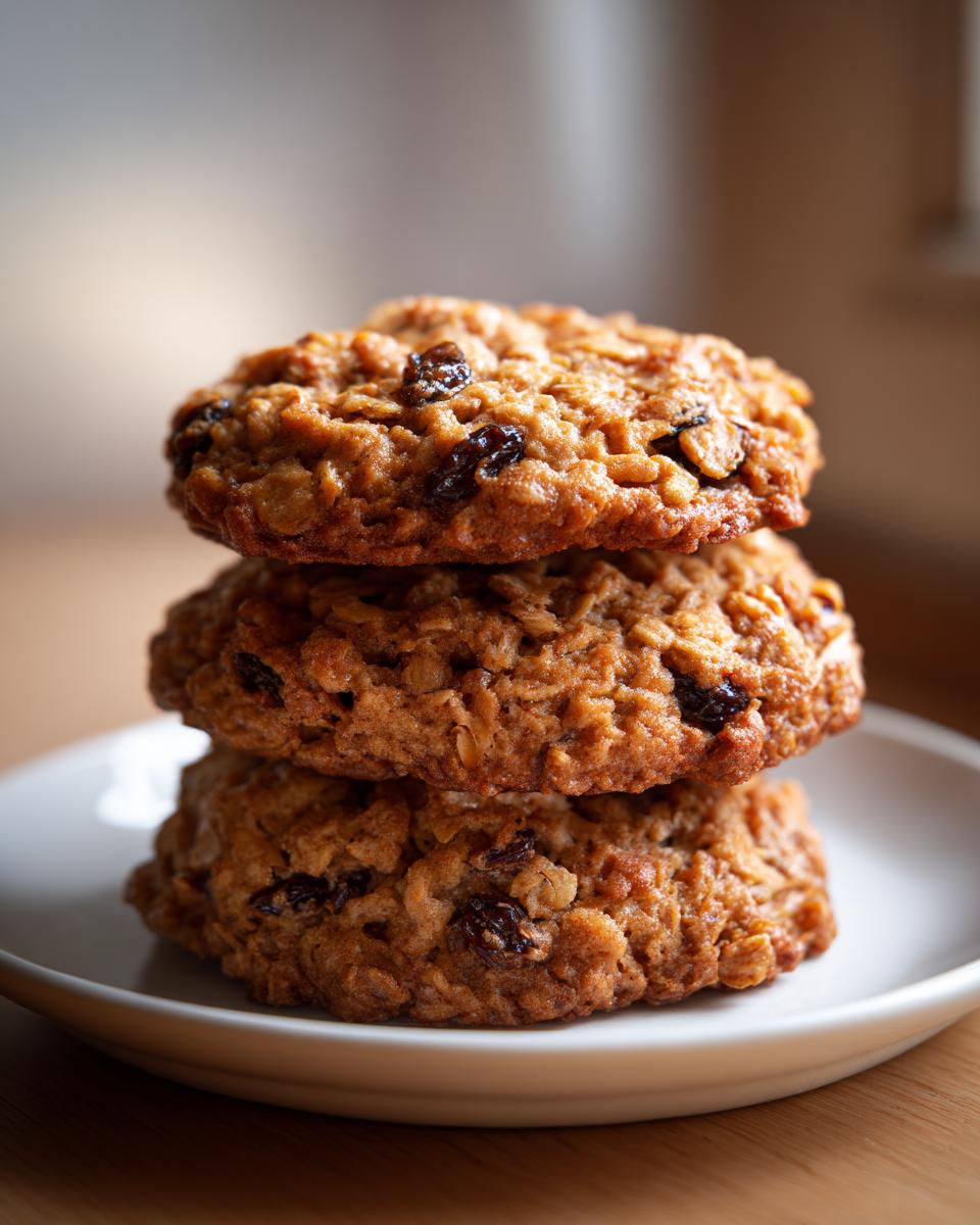 A stack of three soft oatmeal raisin cookies resting on a small white plate.