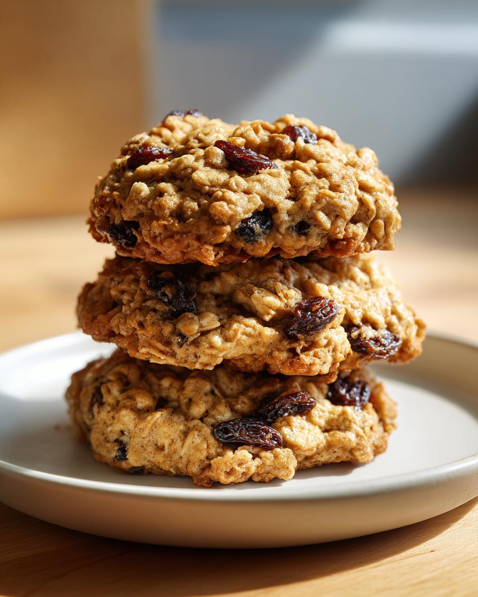 Three soft oatmeal raisin cookies stacked on a small white plate, highlighted by natural light.