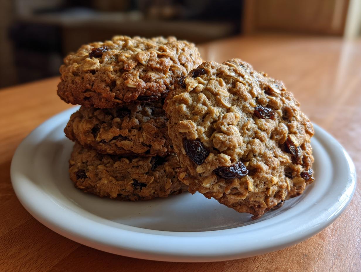 A stack of three soft oatmeal raisin cookies resting on a small white plate, showcasing texture and raisins.