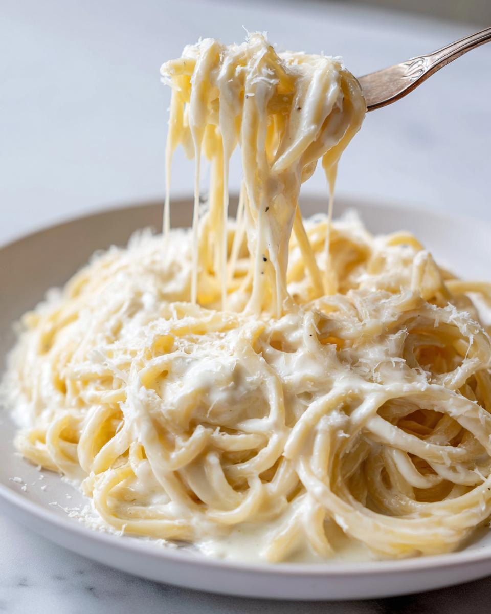 A fork lifting spaghetti coated in thick, creamy cottage cheese alfredo sauce, topped with grated Parmesan.