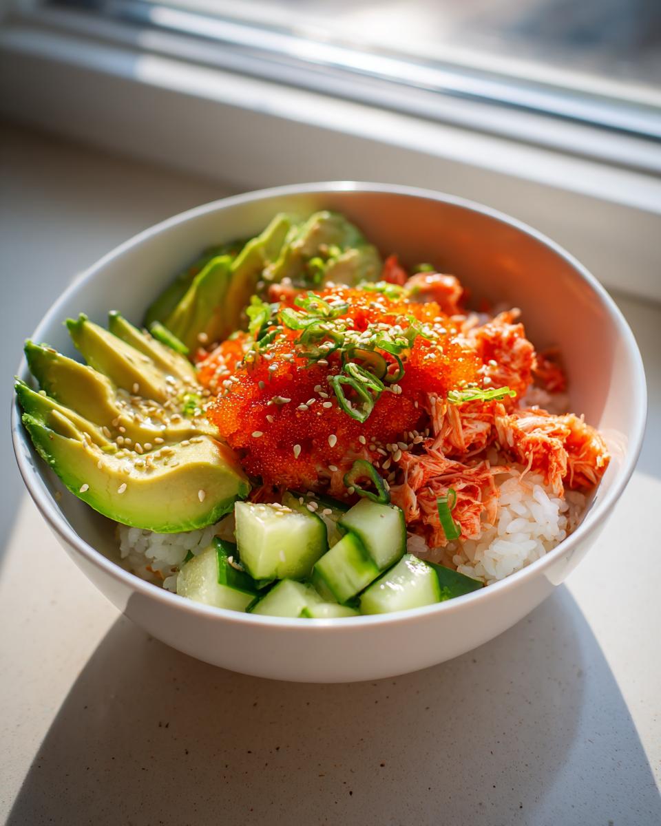 A close-up of a vibrant spicy crab sushi bowl featuring rice, shredded crab, bright orange roe, sliced avocado, and cucumber.