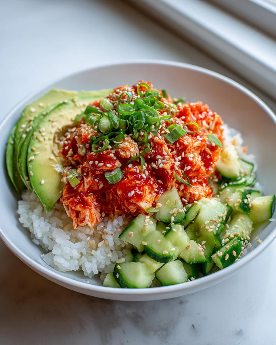 A close-up of a spicy crab sushi bowl featuring rice, bright red spicy crab mix, sliced avocado, and cucumber.