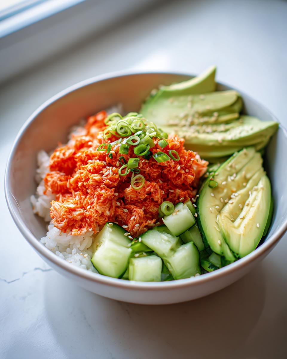 A close-up of a spicy crab sushi bowl featuring rice, bright orange spicy crab mix, sliced avocado, and diced cucumber.