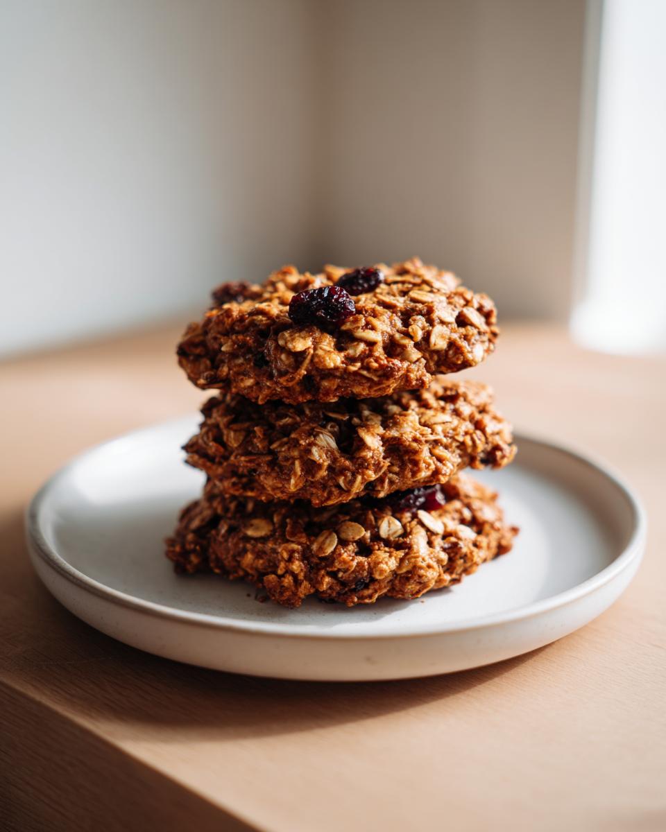 A stack of three hearty, oatmeal breakfast cookies topped with dried cranberries on a small white plate.