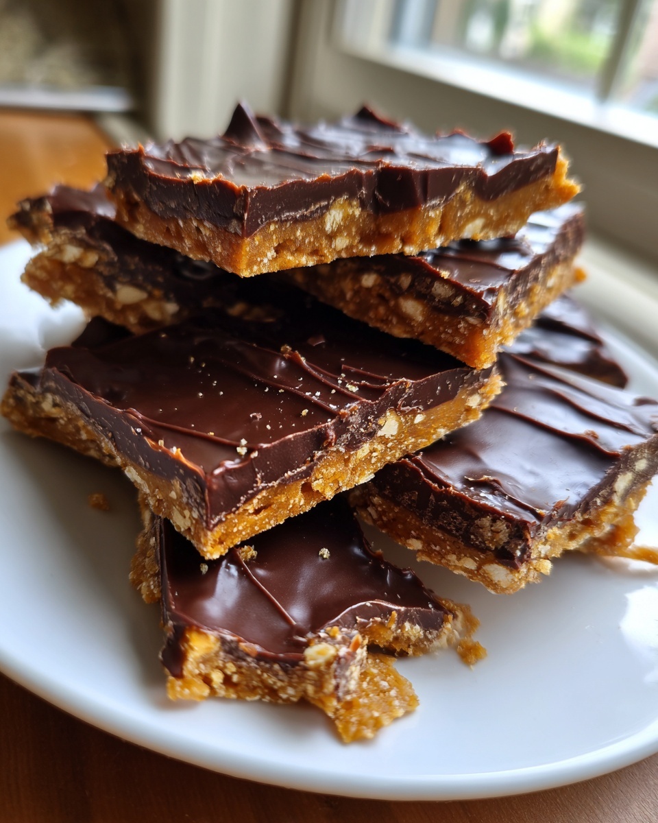 A stack of rich, layered graham cracker toffee bars topped with melted chocolate on a white plate.